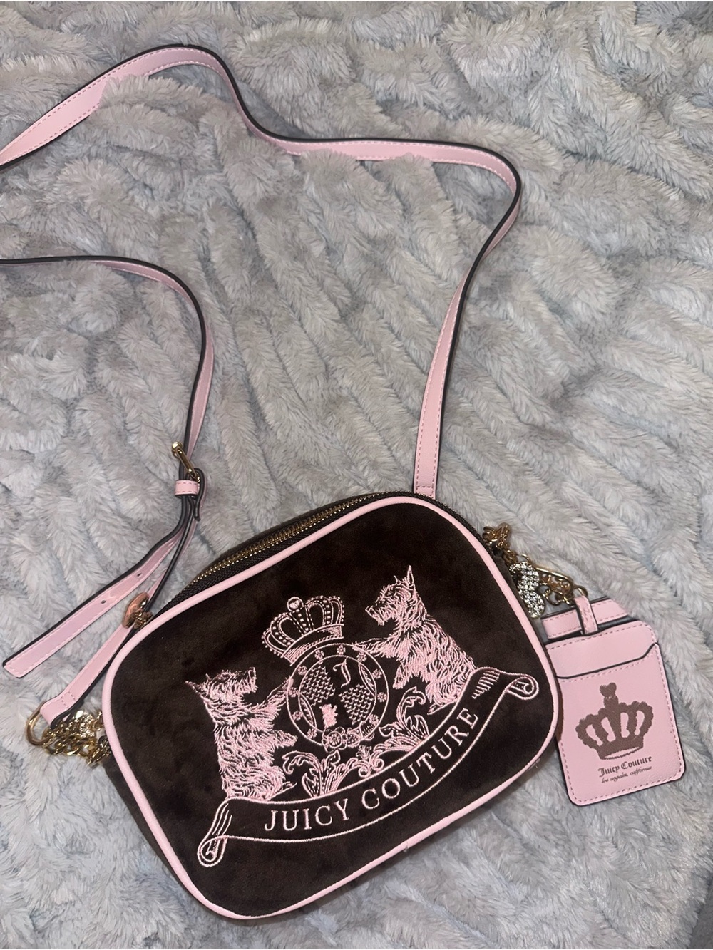 Juicy Couture Pink-Trim Brown Velvet Crossbody Bag